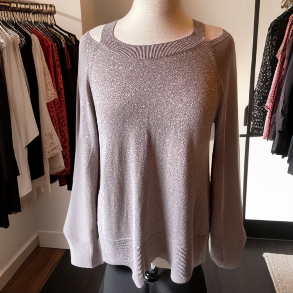Loft Gray cold shoulder sweater with woven metallic